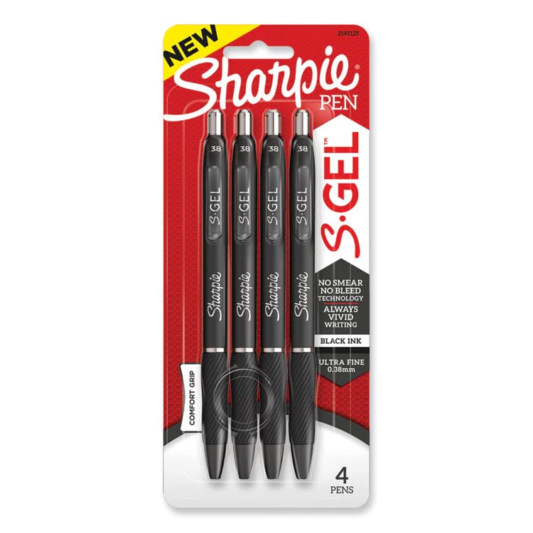 SANFORD S-Gel High-Performance Gel Pen, Retractable, Extra-Fine 0.38 mm, Black Ink, Black Barrel, 4/Pack (SAN2141125)