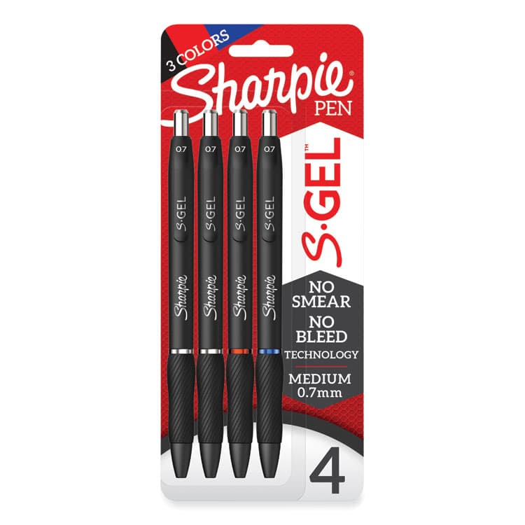 SANFORD S-Gel High-Performance Gel Pen, Retractable, Medium 0.7 mm, Assorted Ink Colors, Black Barrel, 4/Pack (SAN2096174)