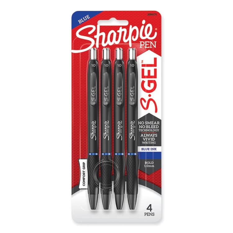 SANFORD S-Gel High-Performance Gel Pen, Retractable, Bold 1 mm, Blue Ink, Black Barrel, 4/Pack (SAN2096171)