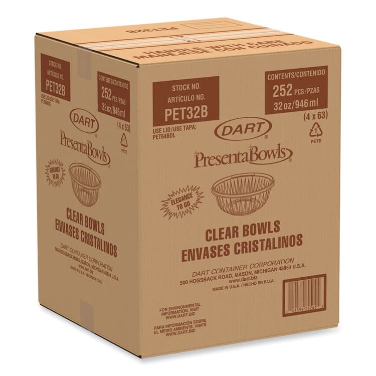 DART PresentaBowls Clear Bowls, 32 oz, Plastic, 63/Bag, 4 Bags/Carton, 252 Bowls/Carton (DCCPET32B) thumbnail 2