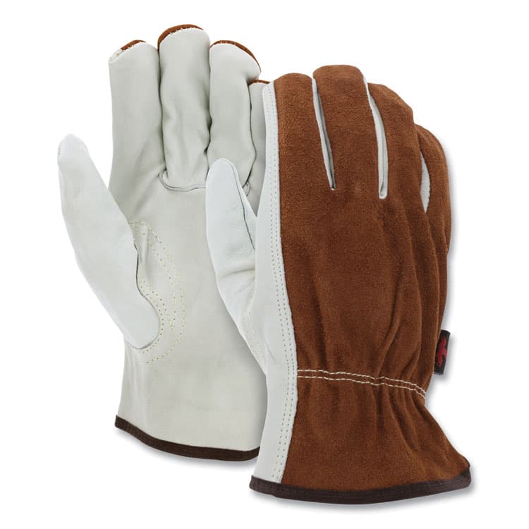 MCR SAFETY Dual Leather Industrial Gloves, Gunn Cut, Keystone Thumb, X-Large, Cream/Brown, 12 Pairs (CRW3205XL)