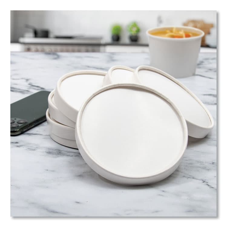 DART Flexstyle Double Sided Poly (DSP) Paper Lid, For 32 oz Food Containers, 4.6" Diameter x 0.7" h, White, Plastic, 500/Carton (SCCCA32A) thumbnail 4