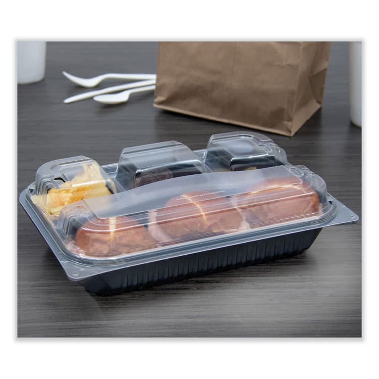 DART Creative Carryouts Hinged Plastic Hot Deli Boxes, 4 Compartments, 8.05 x 11.5 x 2.95, Black/Clear, 100/Carton (SCC919020PM94) thumbnail 4