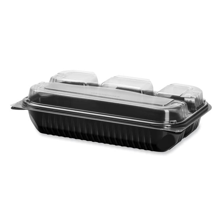 DART Creative Carryouts Hinged Plastic Hot Deli Boxes, 4 Compartments, 8.05 x 11.5 x 2.95, Black/Clear, 100/Carton (SCC919020PM94)