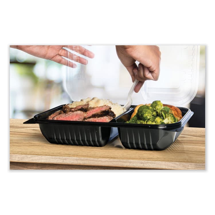 DART Creative Carryouts Hinged Plastic Hot Deli Boxes, 2 Compartments, 8.05 x 11.5 x 2.95, Black/Clear, 100/Carton (SCC919018PM94) thumbnail 3