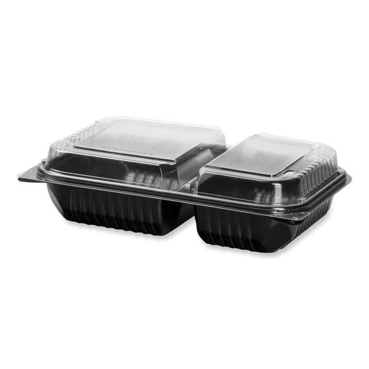 DART Creative Carryouts Hinged Plastic Hot Deli Boxes, 2 Compartments, 8.05 x 11.5 x 2.95, Black/Clear, 100/Carton (SCC919018PM94)