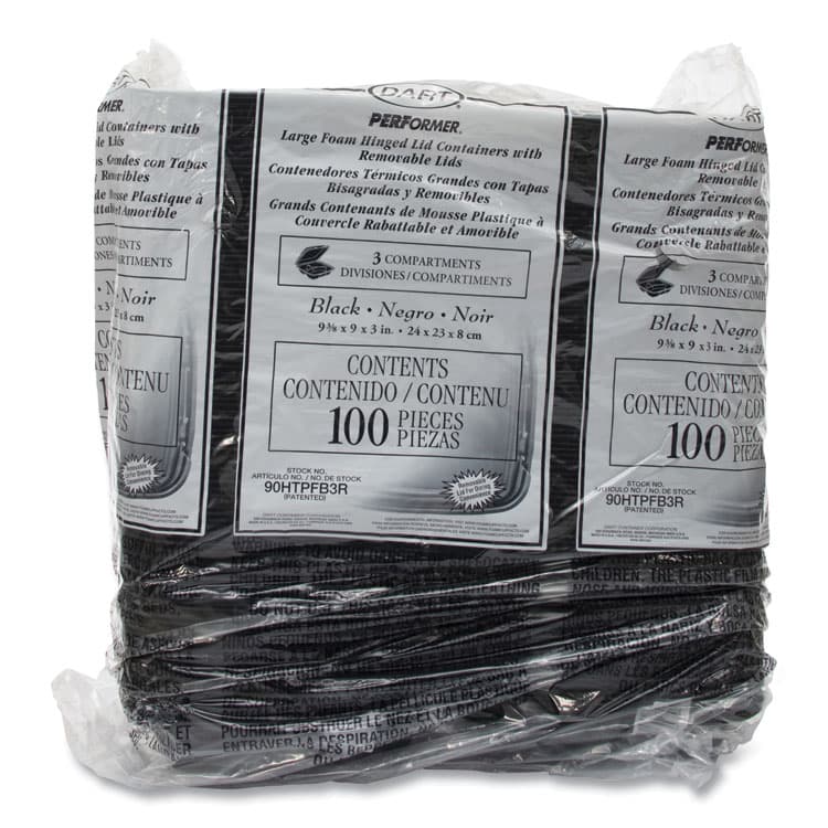 DART Insulated Foam Hinged Lid Containers, 3 Compartments, 9.01" x 9.4" x 3.1", Black, 200/Carton (DCC90HTPFB3R) thumbnail 3