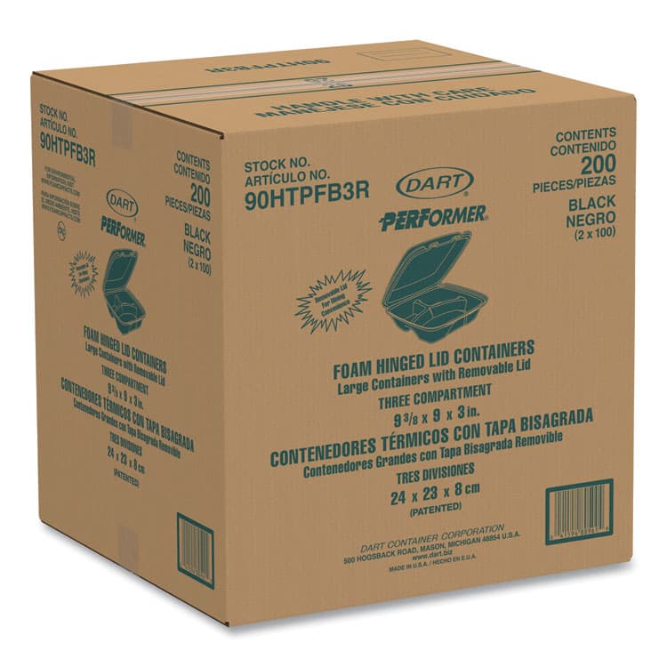 DART Insulated Foam Hinged Lid Containers, 3 Compartments, 9.01" x 9.4" x 3.1", Black, 200/Carton (DCC90HTPFB3R) thumbnail 2