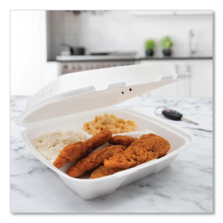 DART Insulated Foam Hinged Lid Containers, 3 Compartments, 9.01 x 9.4 x 3.1, White, 200/Carton (DCC90HTPF3VR) thumbnail 3