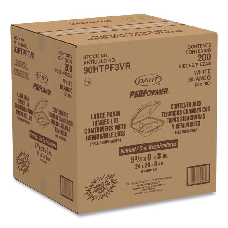 DART Insulated Foam Hinged Lid Containers, 3 Compartments, 9.01 x 9.4 x 3.1, White, 200/Carton (DCC90HTPF3VR) thumbnail 2