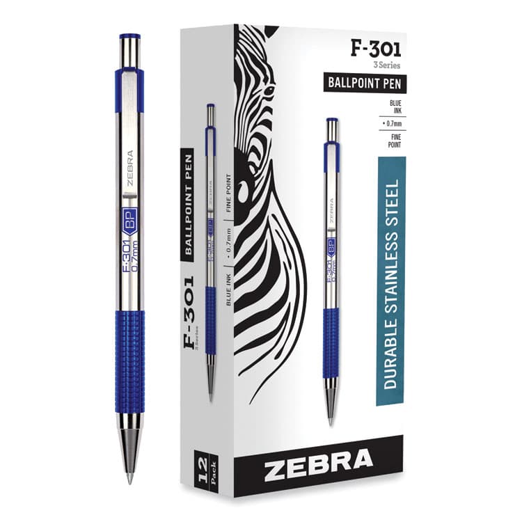ZEBRA PEN CORP. F-301 Ballpoint Pen, Retractable, Fine 0.7 mm, Blue Ink, Stainless Steel/Blue Barrel (ZEB27120)
