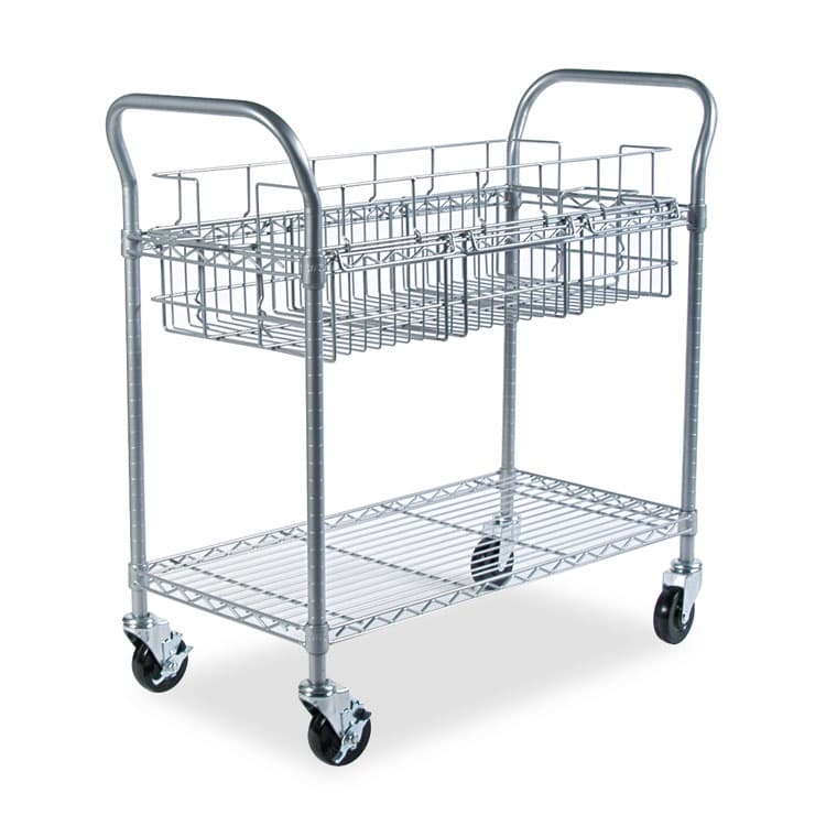 SAFCO PRODUCTS Dual-Purpose Wire Mail and Filing Cart, Metal, 1 Shelf, 1 Bin, 39" x 18.75" x 38.5", Metallic Gray (SAF5236GR)