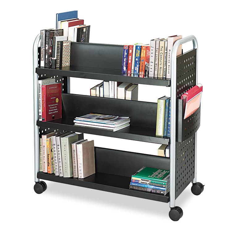 SAFCO PRODUCTS Scoot Double-Sided Book Cart, Metal, 6 Shelves, 1 Bin, 41.25" x 17.75" x 41.25", Black (SAF5335BL)