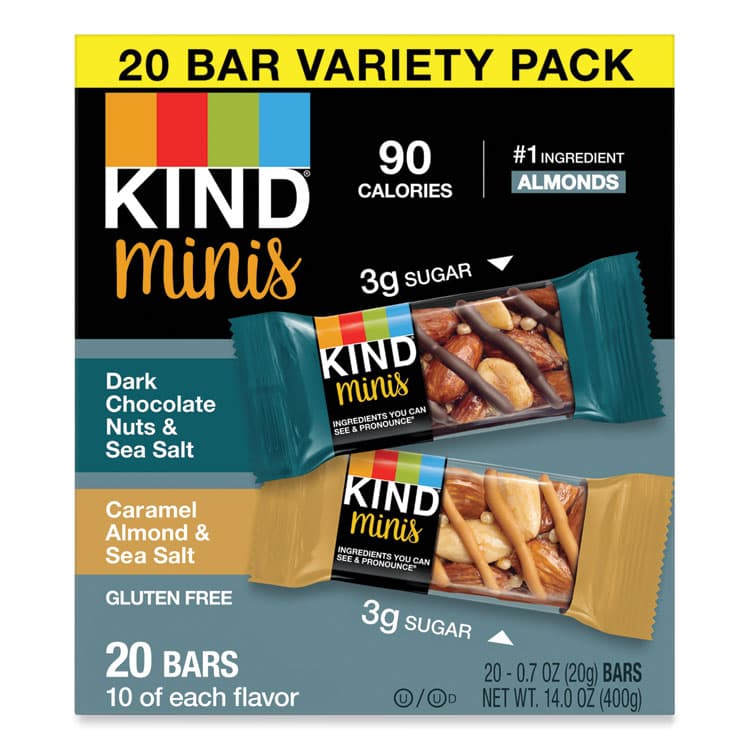 KIND LLC Minis, Dark Chocolate Nuts and Sea Salt/Caramel Almond and Sea Salt, 0.7 oz, 20/Pack (KND27964)