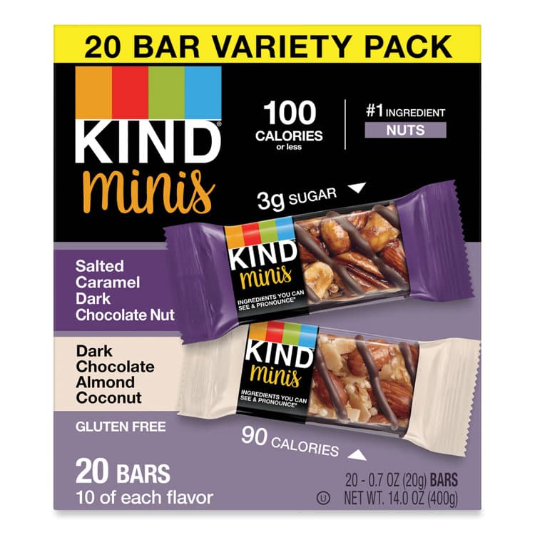 KIND LLC Minis, Salted Caramel and Dark Chocolate Nut/Dark Chocolate Almond and Coconut, 0.7 oz, 20/Pack (KND27970)