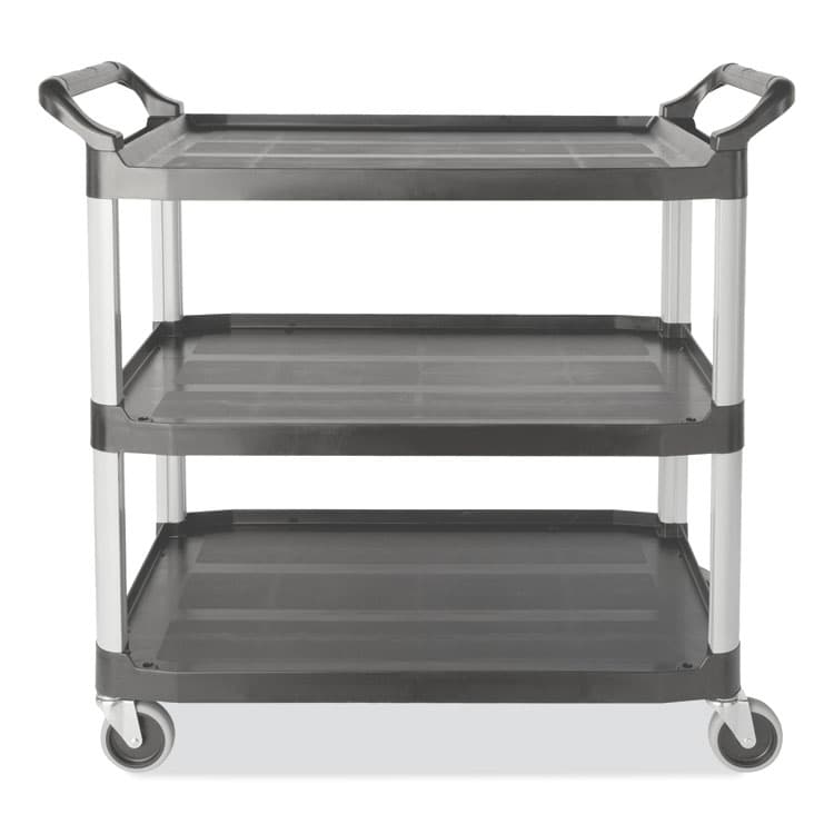 RUBBERMAID COMMERCIAL PROD. Xtra Utility Cart with Open Sides, Plastic, 3 Shelves, 300 lb Capacity, 20" x 40.63" x 37.8", Gray (RCP4091GRA)
