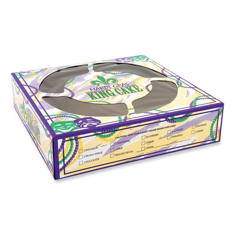 SOUTHERN CHAMPION TRAY Mardi Gras King Cake Window Boxes, 10 x 10 x 2.5, Green/Purple/White, Paper, 100/Carton (SCH2486)