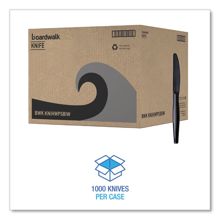 BOARDWALK Heavyweight Wrapped Polystyrene Cutlery, Knife, Plastic, Black, 1,000/Carton (BWKKNIHWPSBIW) thumbnail 2