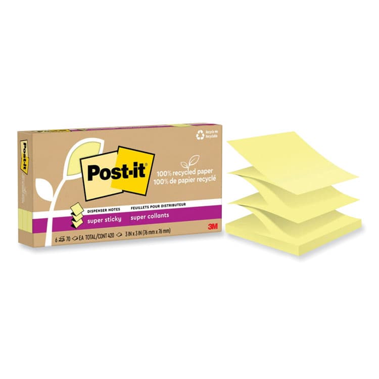 3M/COMMERCIAL TAPE DIV. 100% Recycled Paper Super Sticky Notes, 3" x 3", Canary Yellow, 70 Sheets/Pad, 6 Pads/Pack (MMMR330R6SSCY)