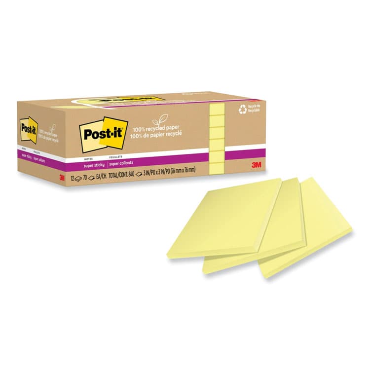 3M/COMMERCIAL TAPE DIV. 100% Recycled Paper Super Sticky Notes, 3" x 3", Canary Yelow, 70 Sheets/Pad, 12 Pads/Pack (MMM654R12SSCY)