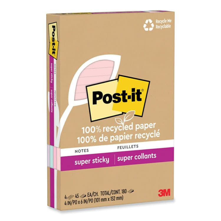 3M/COMMERCIAL TAPE DIV. 100% Recycled Paper Super Sticky Notes, Ruled, 4" x 6", Wanderlust Pastels, 45 Sheets/Pad, 4 Pads/Pack (MMM4621R4SSNRP) thumbnail 2
