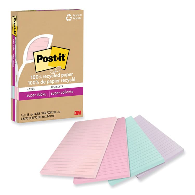 3M/COMMERCIAL TAPE DIV. 100% Recycled Paper Super Sticky Notes, Ruled, 4" x 6", Wanderlust Pastels, 45 Sheets/Pad, 4 Pads/Pack (MMM4621R4SSNRP)
