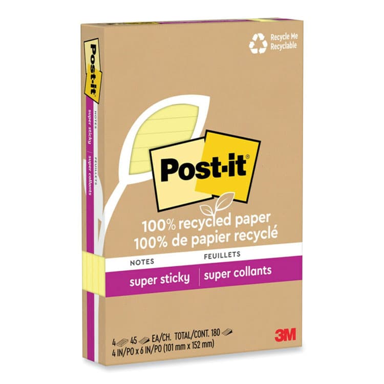 3M/COMMERCIAL TAPE DIV. 100% Recycled Paper Super Sticky Notes, Ruled, 4" x 6", Canary Yellow, 45 Sheets/Pad, 4 Pads/Pack (MMM4621R4SSCY)