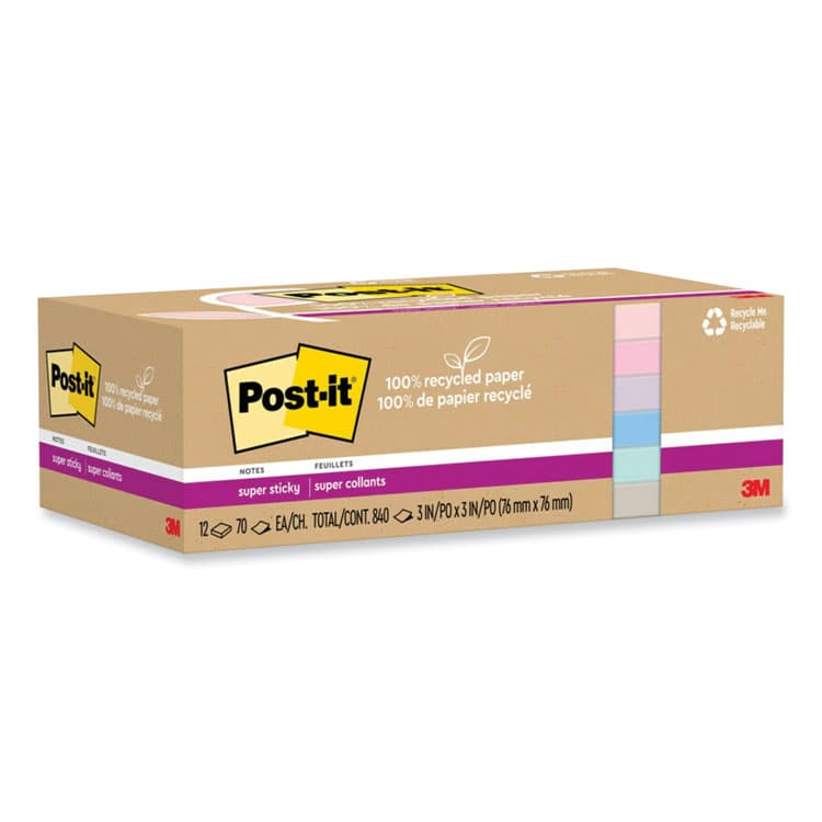 3M/COMMERCIAL TAPE DIV. 100% Recycled Paper Super Sticky Notes, 3" x 3", Wanderlust Pastels, 70 Sheets/Pad, 12 Pads/Pack (MMM654R12SSNRP) thumbnail 2