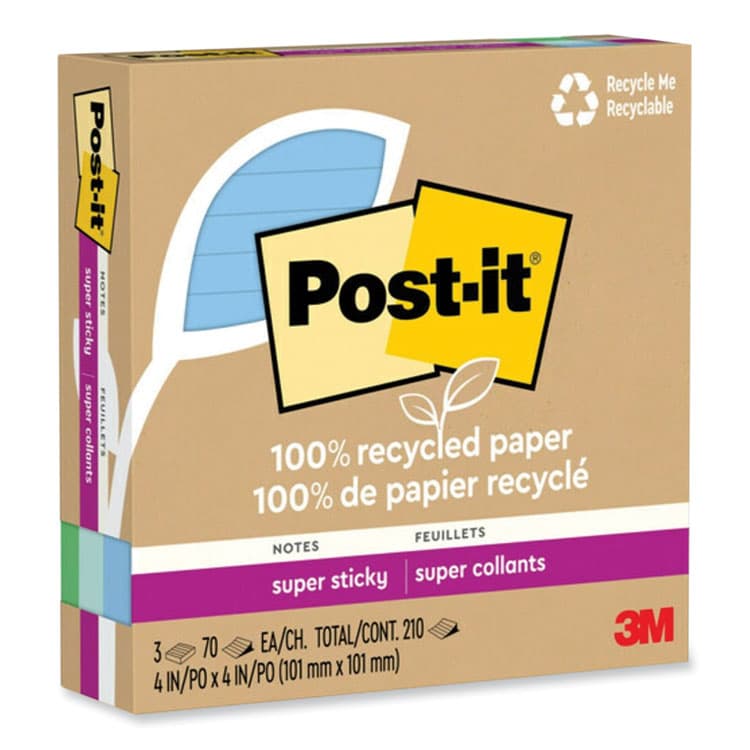 3M/COMMERCIAL TAPE DIV. 100% Recycled Paper Super Sticky Notes, Ruled, 4" x 4", Oasis, 70 Sheets/Pad, 3 Pads/Pack (MMM675R3SST) thumbnail 2