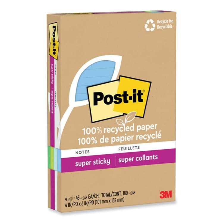3M/COMMERCIAL TAPE DIV. 100% Recycled Paper Super Sticky Notes, Ruled, 4" x 6", Oasis, 45 Sheets/Pad, 4 Pads/Pack (MMM4621R4SST) thumbnail 2