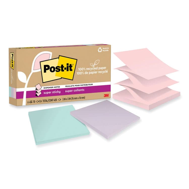 3M/COMMERCIAL TAPE DIV. 100% Recycled Paper Super Sticky Notes, 3" x 3", Wanderlust Pastels, 70 Sheets/Pad, 6 Pads/Pack (MMMR330R6SSNRP)