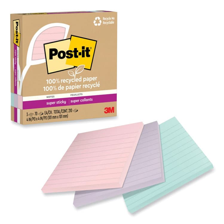 3M/COMMERCIAL TAPE DIV. 100% Recycled Paper Super Sticky Notes, Ruled, 4" x 4", Wanderlust Pastels, 70 Sheets/Pad, 3 Pads/Pack (MMM675R3SSNRP)