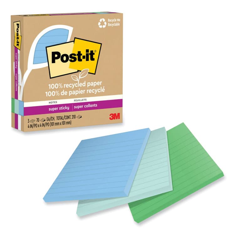 3M/COMMERCIAL TAPE DIV. 100% Recycled Paper Super Sticky Notes, Ruled, 4" x 4", Oasis, 70 Sheets/Pad, 3 Pads/Pack (MMM675R3SST)