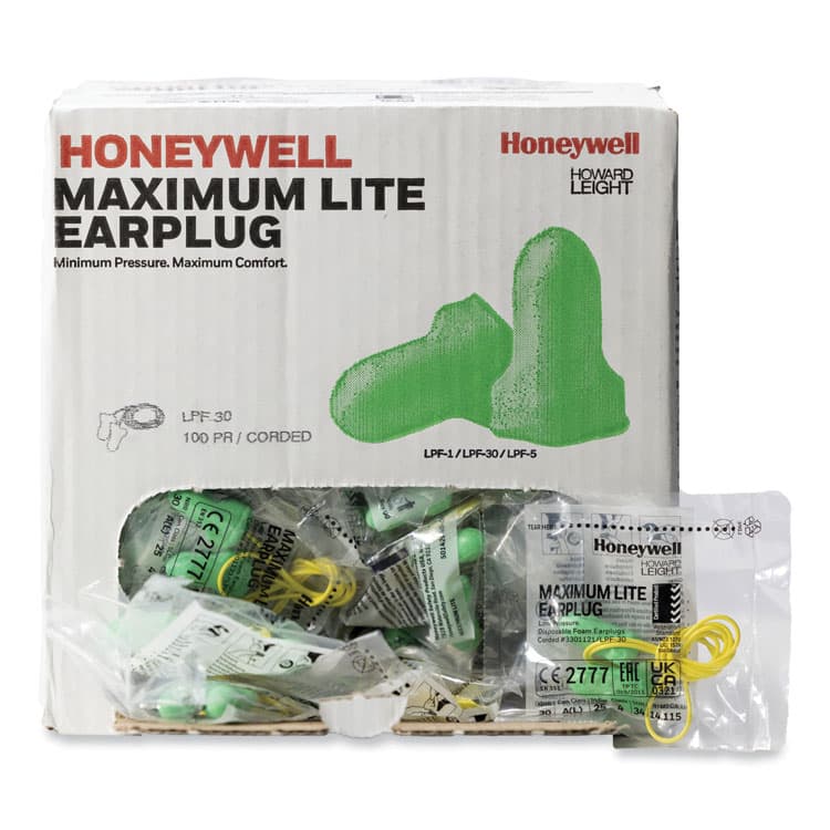 HONEYWELL ENVIRONMENTAL MAXIMUM Lite Single-Use Earplugs, Corded, 30NRR, Green, 100 Pairs (HOWLPF30) thumbnail 2