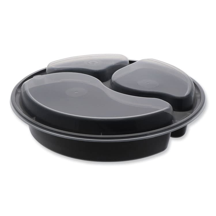 PACTIV EVERGREEN CORPORATION Newspring VERSAtainer Microwavable Containers, Round, 3 Compartment, 39 oz, 9.5 x 9.5 x 2.3, Black/Clear, Plastic, 150/Carton (PCTNC9388B)