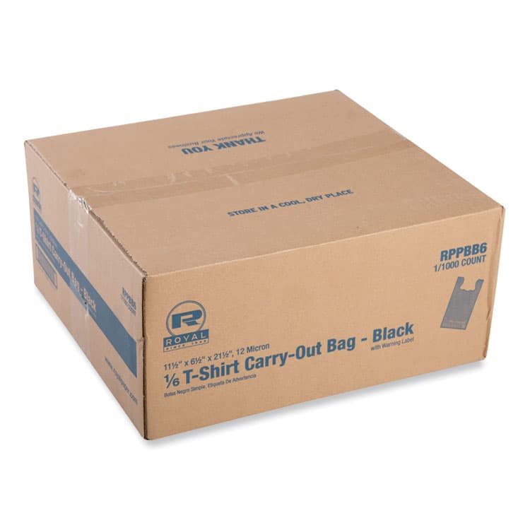 AMERCAREROYAL T-Shirt Bags, Cut-Out Handles, 11.5" x 6.5" x 21.5", Black, 1,000/Carton (RPPRPPBB6)