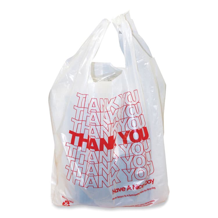 AMERCAREROYAL Thank You Bags, Thank You - Have a Nice Day Labeling, Cut-Out Handles, 11.5" x 6.5" x 21", White/Red, 1,000/Carton (RPPRPTYB6) thumbnail 2