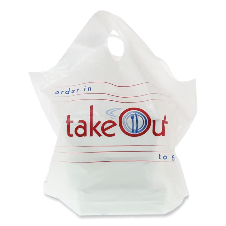 AMERCAREROYAL Wave Top To-Go Bags, Take-Out Labeling, Cut-Out Handles, 19" x 9.5" x 19", White/Blue/Red, 500/Carton (RPPRPWB1919) thumbnail 2