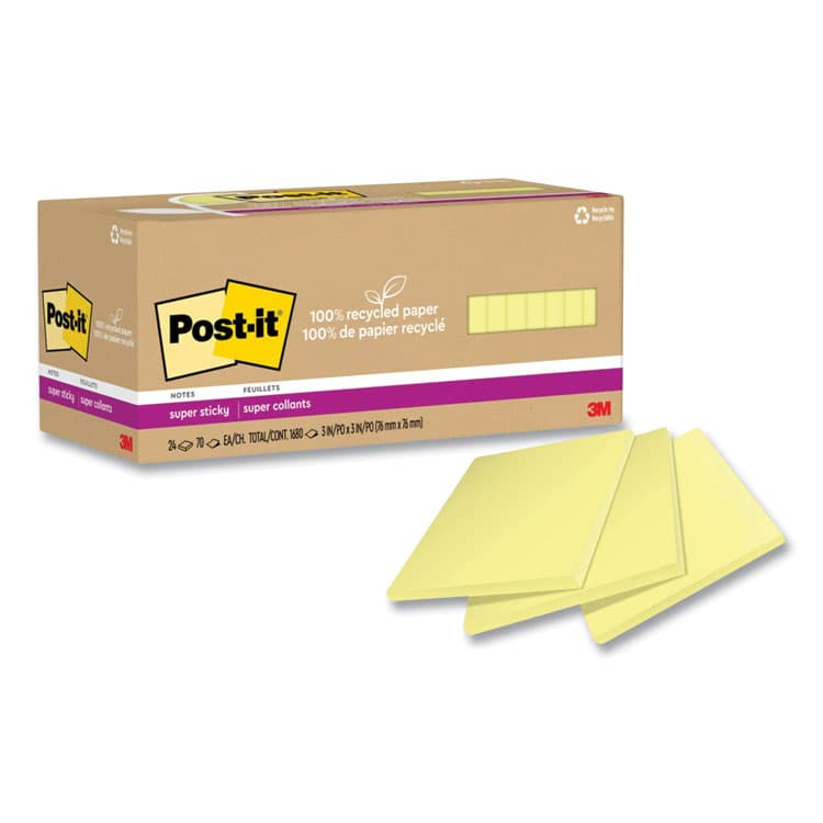 3M/COMMERCIAL TAPE DIV. 100% Recycled Paper Super Sticky Notes, 3" x 3", Canary Yellow, 70 Sheets/Pad, 24 Pads/Pack (MMM654R24SSCYCP) thumbnail 2