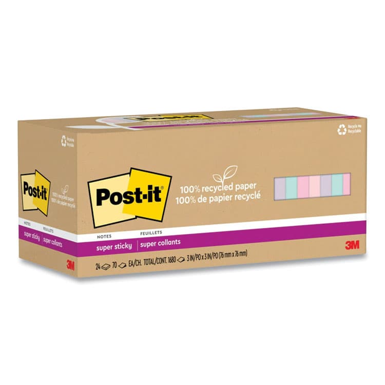 3M/COMMERCIAL TAPE DIV. 100% Recycled Paper Super Sticky Notes, 3" x 3", Wanderlust Pastels, 70 Sheets/Pad, 24 Pads/Pack (MMM654R24SSNRP)