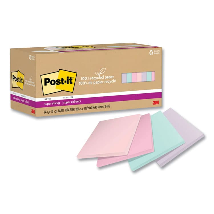 3M/COMMERCIAL TAPE DIV. 100% Recycled Paper Super Sticky Notes, 3" x 3", Wanderlust Pastels, 70 Sheets/Pad, 24 Pads/Pack (MMM654R24SSNRP) thumbnail 2