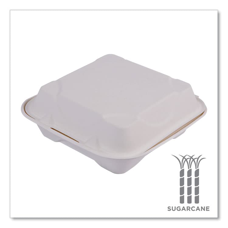 ECO-PRODUCTS,INC. Molded Fiber Hinged Clamshell Containers, 8 x 8 x 3, White, Sugarcane, 200/Carton (ECOEPHC81) thumbnail 4