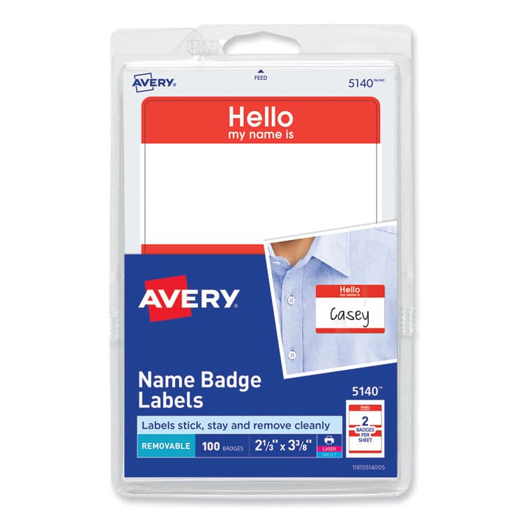 AVERY PRODUCTS CORPORATION Printable Self-Adhesive Name Badges, 2 1/3 x 3 3/8, Red "Hello", 100/Pack (AVE5140)