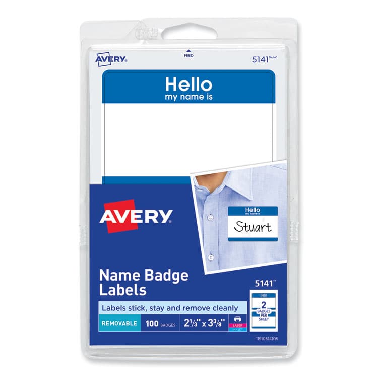 AVERY PRODUCTS CORPORATION Printable Adhesive Name Badges, 3.38 x 2.33, Blue "Hello", 100/Pack (AVE5141)