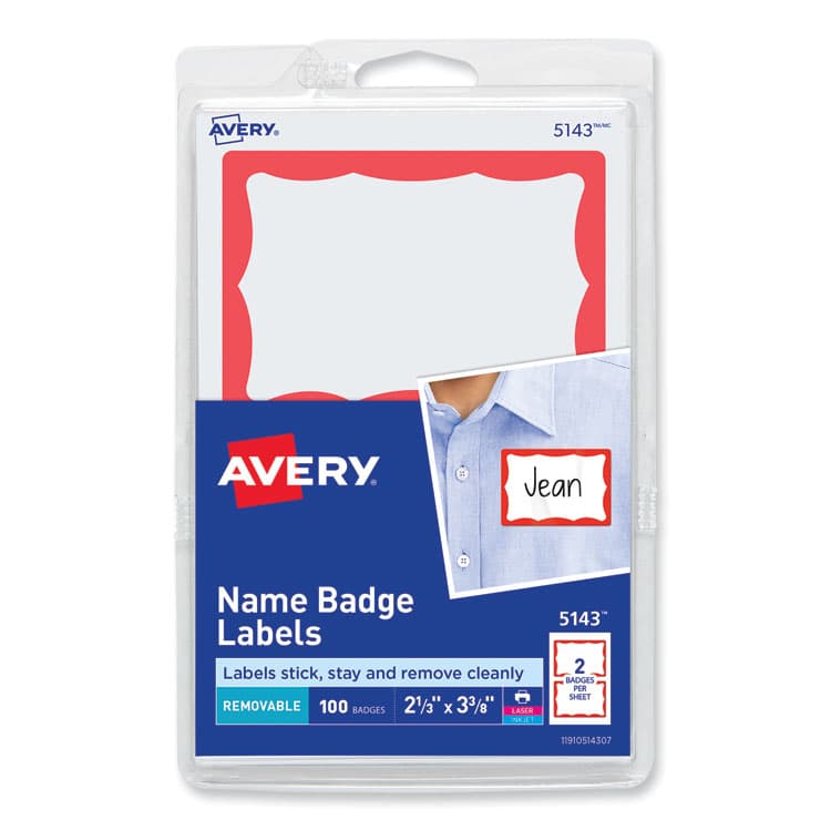 AVERY PRODUCTS CORPORATION Printable Adhesive Name Badges, 3.38 x 2.33, Red Border, 100/Pack (AVE5143)