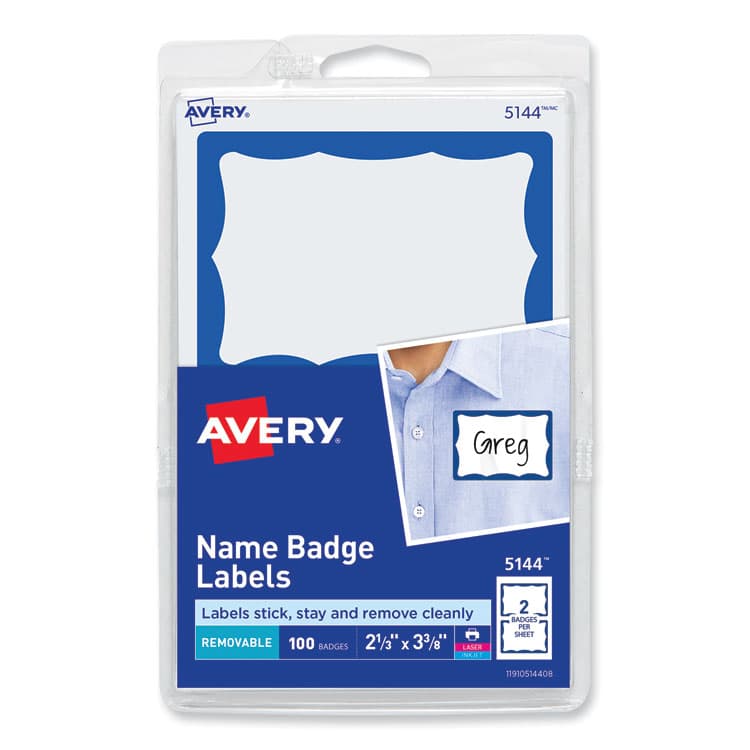 AVERY PRODUCTS CORPORATION Printable Adhesive Name Badges, 3.38 x 2.33, Blue Border, 100/Pack (AVE5144)