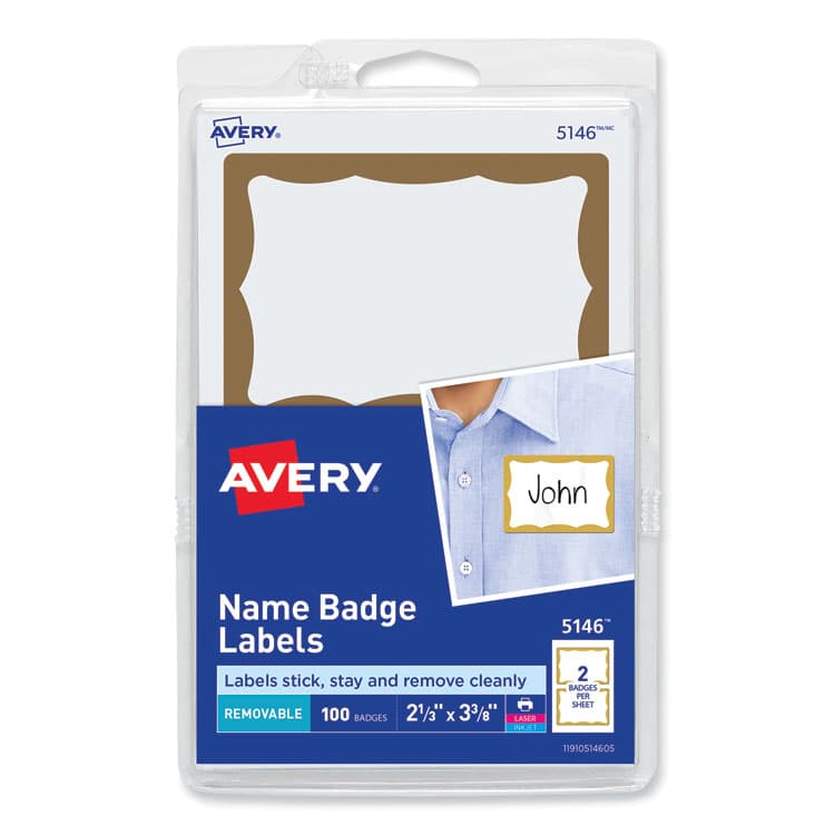 AVERY PRODUCTS CORPORATION Printable Adhesive Name Badges, 3.38 x 2.33, Gold Border, 100/Pack (AVE5146)