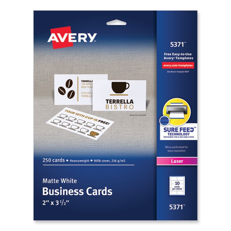 AVERY PRODUCTS CORPORATION Printable Microperforated Business Cards with Sure Feed Technology, Laser, 2 x 3.5, White, 10/Sheet, 25 Sheets/Pack (AVE5371)