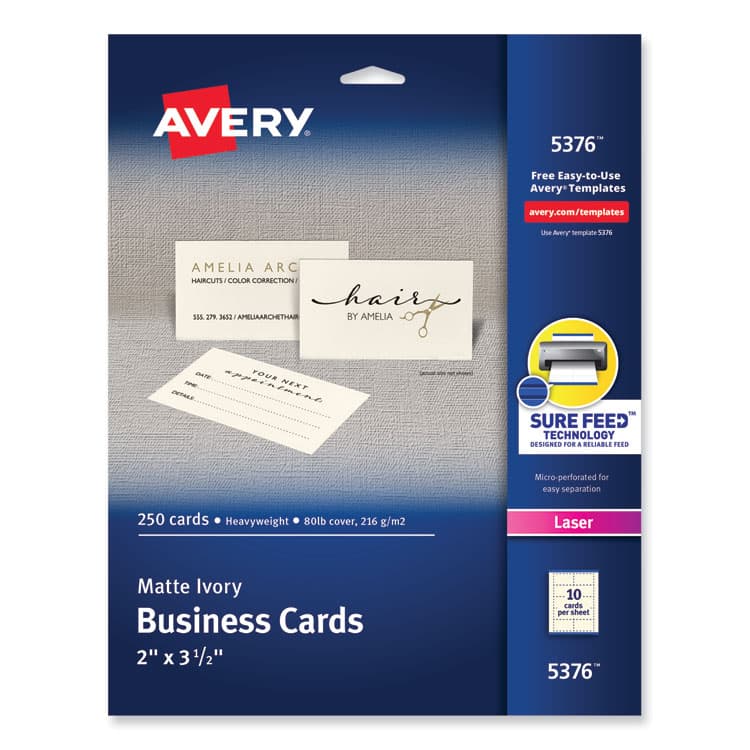 AVERY PRODUCTS CORPORATION Printable Microperforated Business Cards with Sure Feed Technology, Laser, 2 x 3.5, Ivory, 10/Sheet, 25 Sheets/Pack (AVE5376)