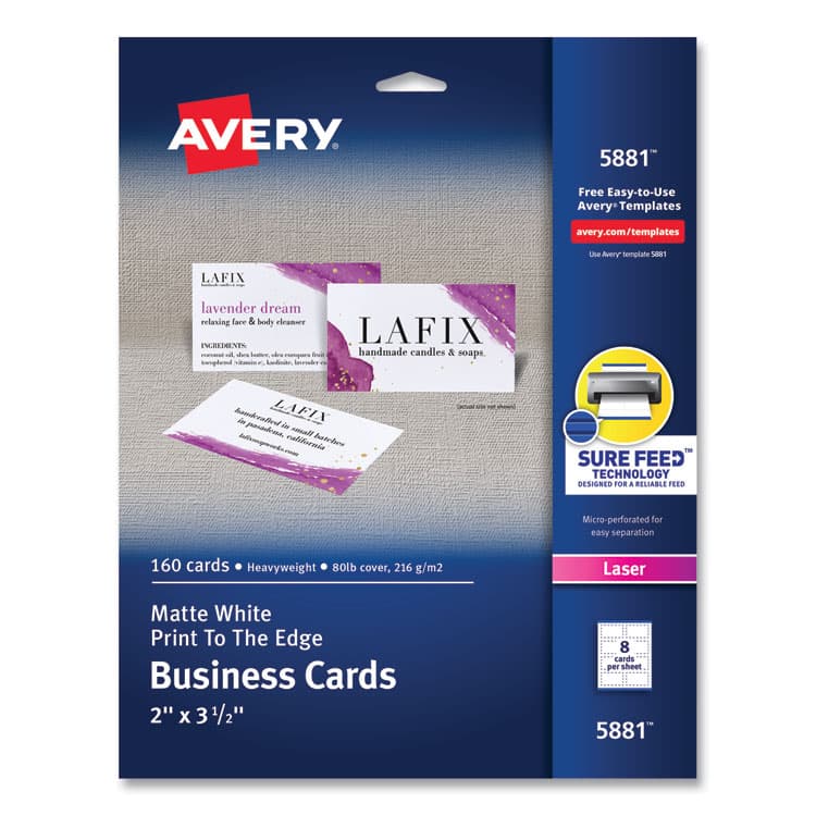 AVERY PRODUCTS CORPORATION Print-to-the-Edge Microperforated Business Cards with Sure Feed Technology, Laser, 2 x 3.5, White, 8/Sheet, 20 Sheets/Pack (AVE5881)
